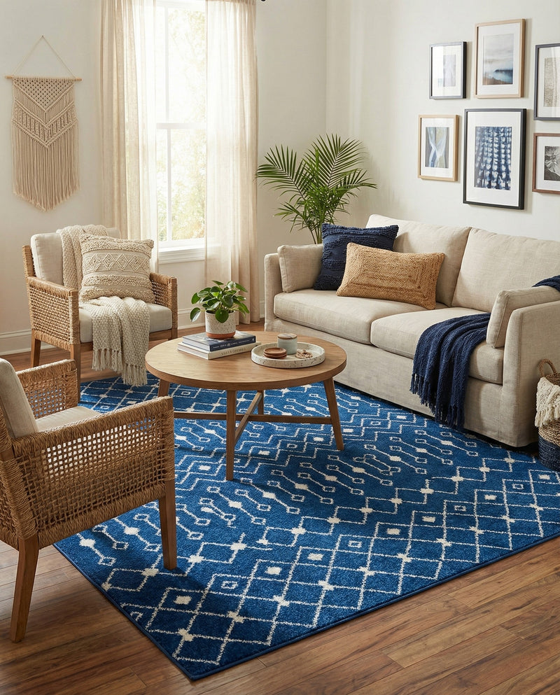 Mediterranean Lattice Collection Area Rug - Santorini (Navy Blue) Square Navy Blue  lifestyle 31