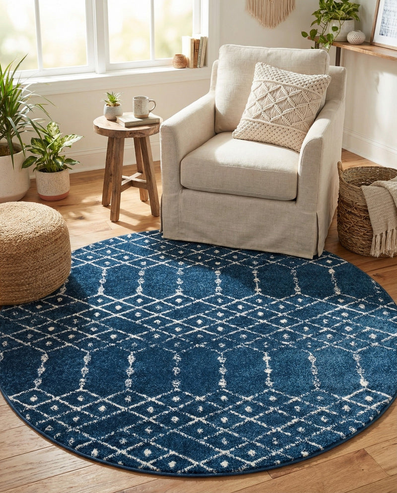 Marrakesh Lattice Collection Area Rug - Casablanca (Navy Blue) Round Navy Blue  lifestyle 39