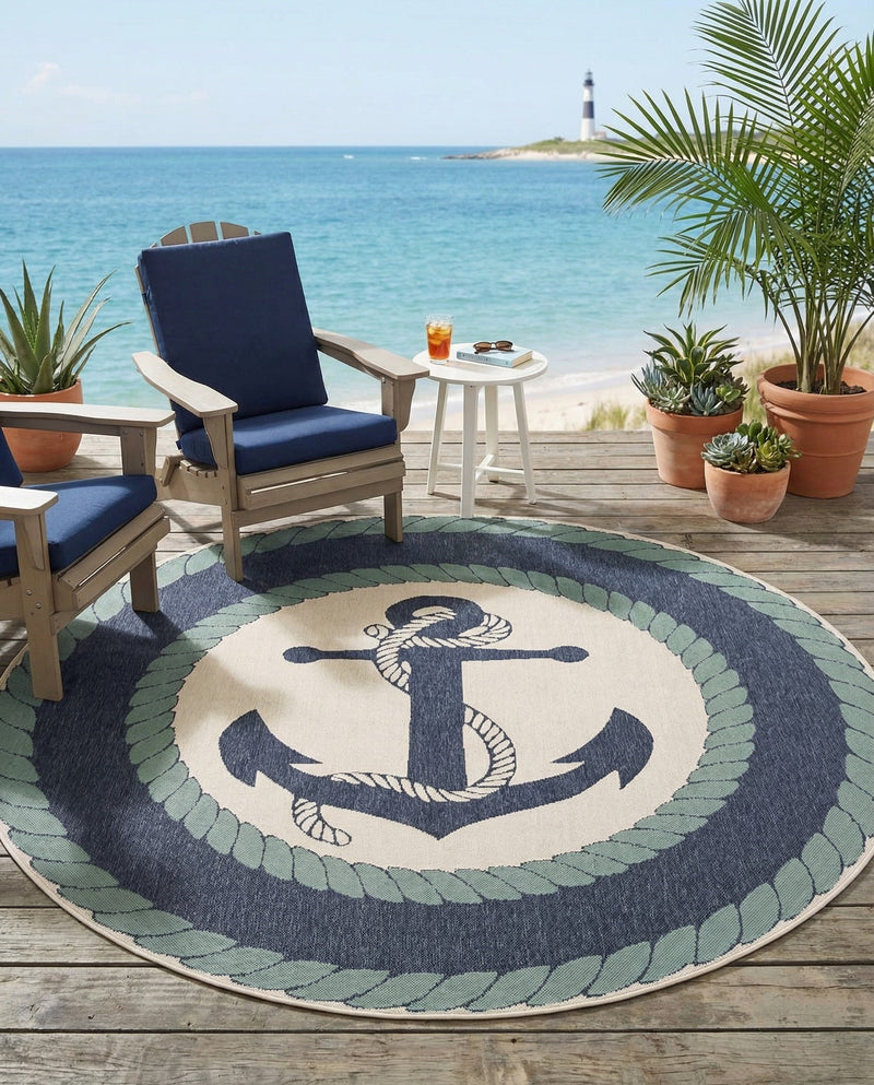 Seaside Haven Rugs Collection Area Rug -  Coralreef Round Navy Blue  lifestyle 94