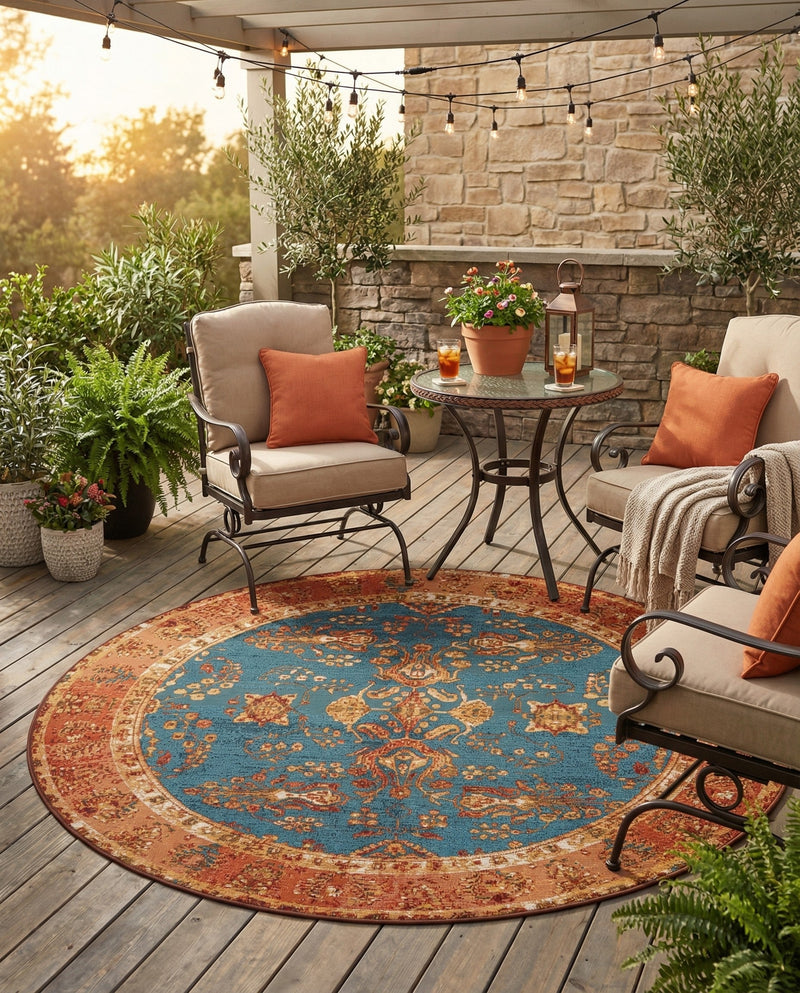 Patio Heritage Collection Area Rug -  Pavilion Round Navy Blue  lifestyle 72
