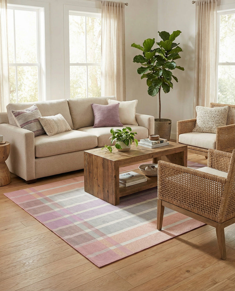 Seaside Stripes Collection Area Rug -  Coral Rectangle Pink and Lavender  lifestyle 50