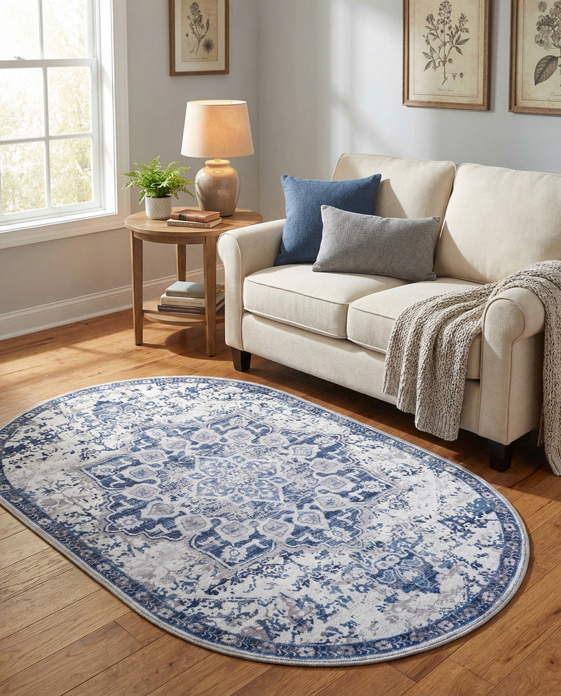 Baroque Era Collection Area Rug - Versailles (Gray Blue) Oval Gray Blue  lifestyle 71