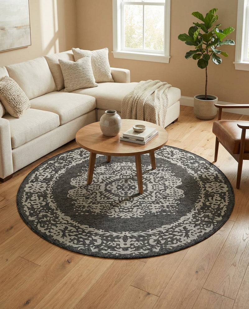 Patio Heritage Collection Area Rug - Savannah (Charcoal Gray) Round Charcoal Gray  lifestyle 75