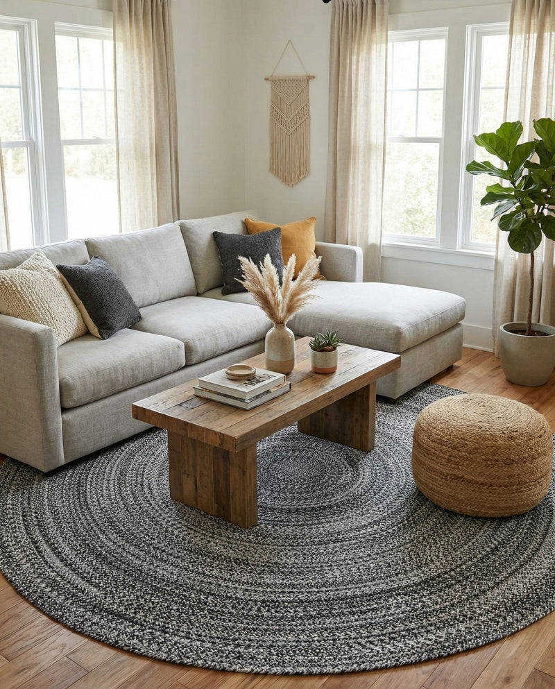 Sustainable Strands Indoor-Outdoor Oasis Collection Area Rug -  Sandbar (Black and White) Round Black and White  lifestyle 69
