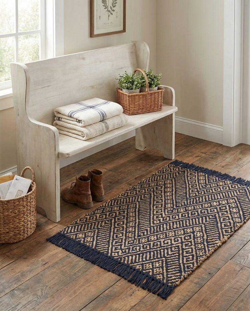 Woven Seaside Jute Collection Area Rug - Oia Rectangle Navy Blue and White  lifestyle 45