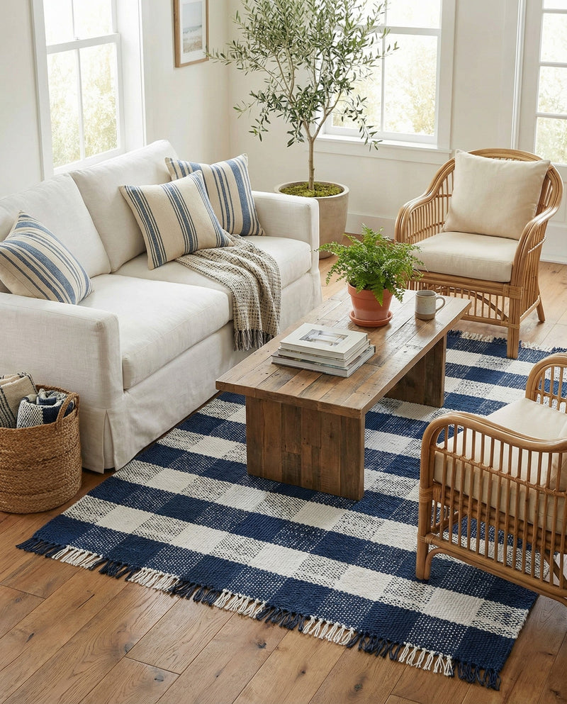 Sustainable Grid Indoor-Outdoor Oasis Collection Area Rug - Savannah Rectangle Navy Blue  lifestyle 13