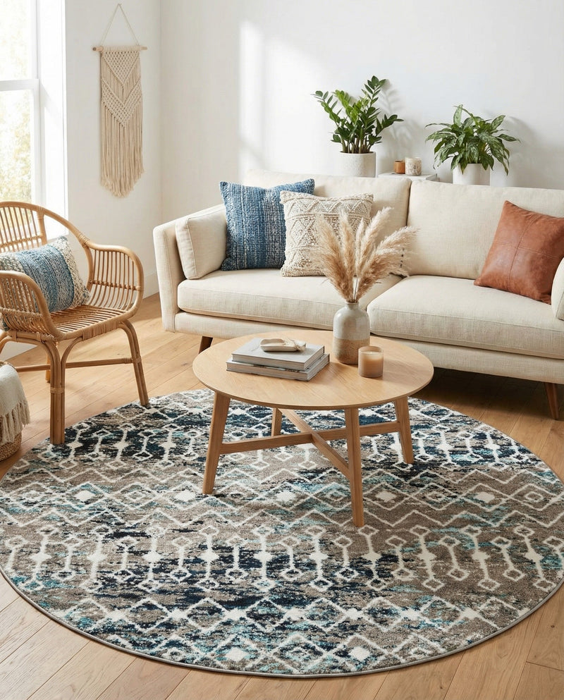 Mediterranean Lattice Collection Area Rug - Santorini (Multi Gray Blue) Round Multi Gray Blue  lifestyle 53
