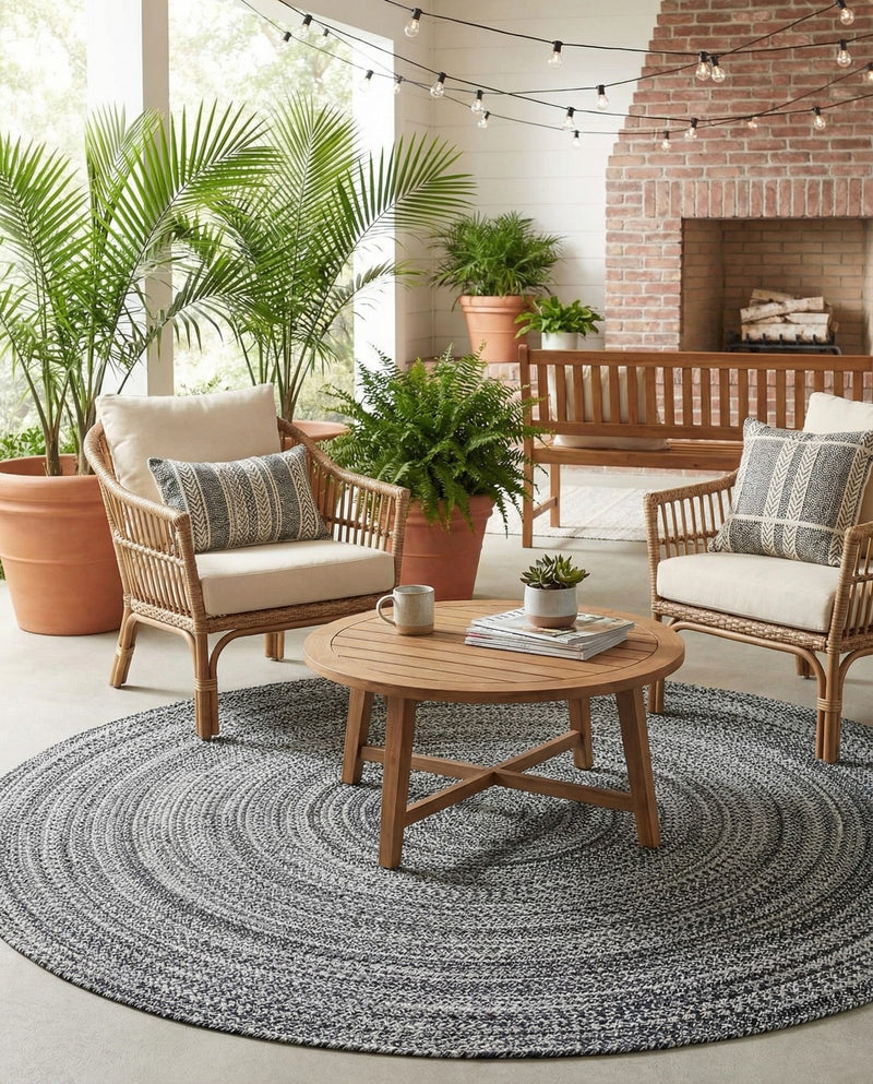 Sustainable Strands Indoor-Outdoor Oasis Collection Area Rug -  Sandbar (Black and White) Round Black and White  lifestyle 70