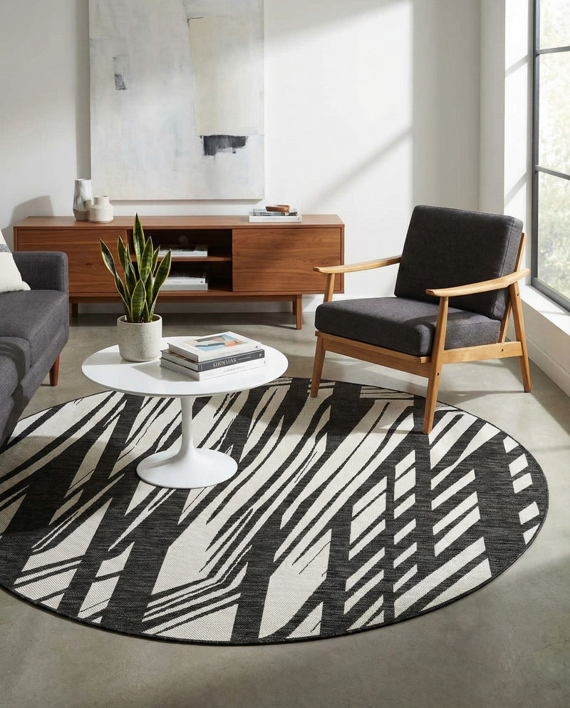 Urban Terrace Collection Area Rug -  Queens Round Black and White  lifestyle 71
