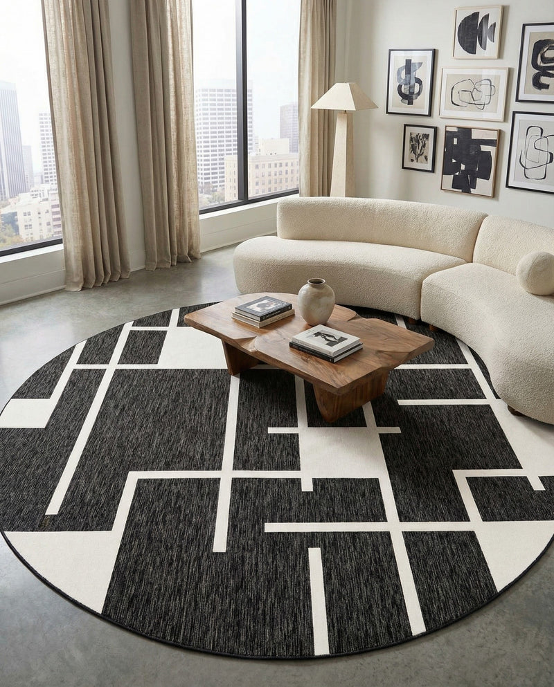 Urban Terrace Collection Area Rug -  Parkside Round Black and White  lifestyle 64