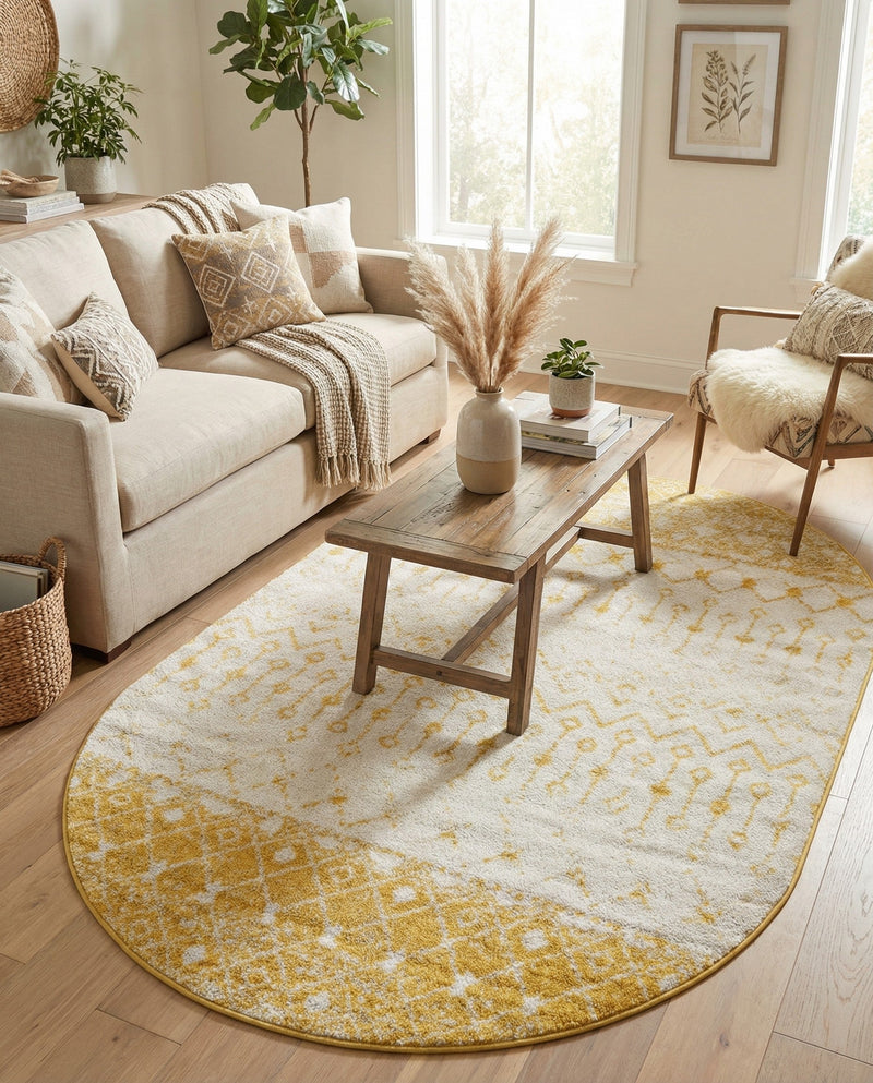 Mediterranean Lattice Collection Area Rug -  Casablanca (Ivory and Yellow) Oval Ivory and Yellow  lifestyle 63