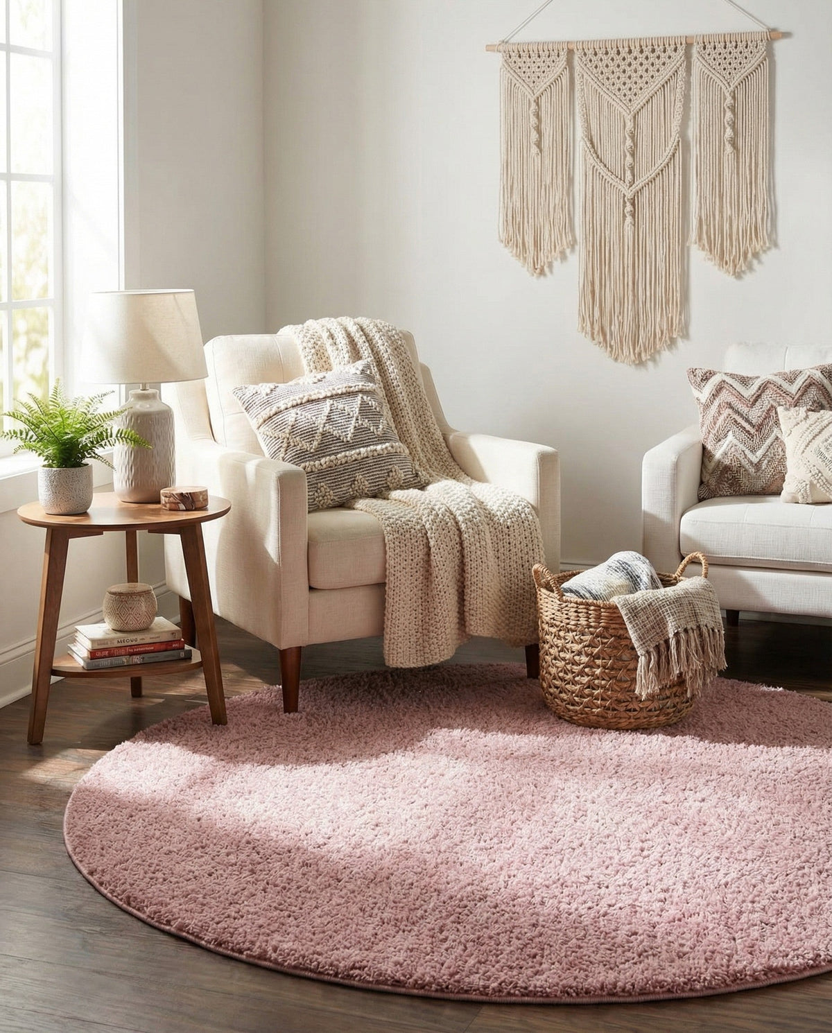Cozy Comfort Shag Collection Area Rug - Haven (Pink) Round Pink  lifestyle 36
