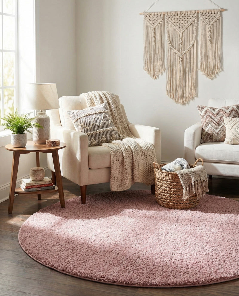 Cozy Comfort Shag Collection Area Rug - Haven (Pink) Round Pink  lifestyle 36