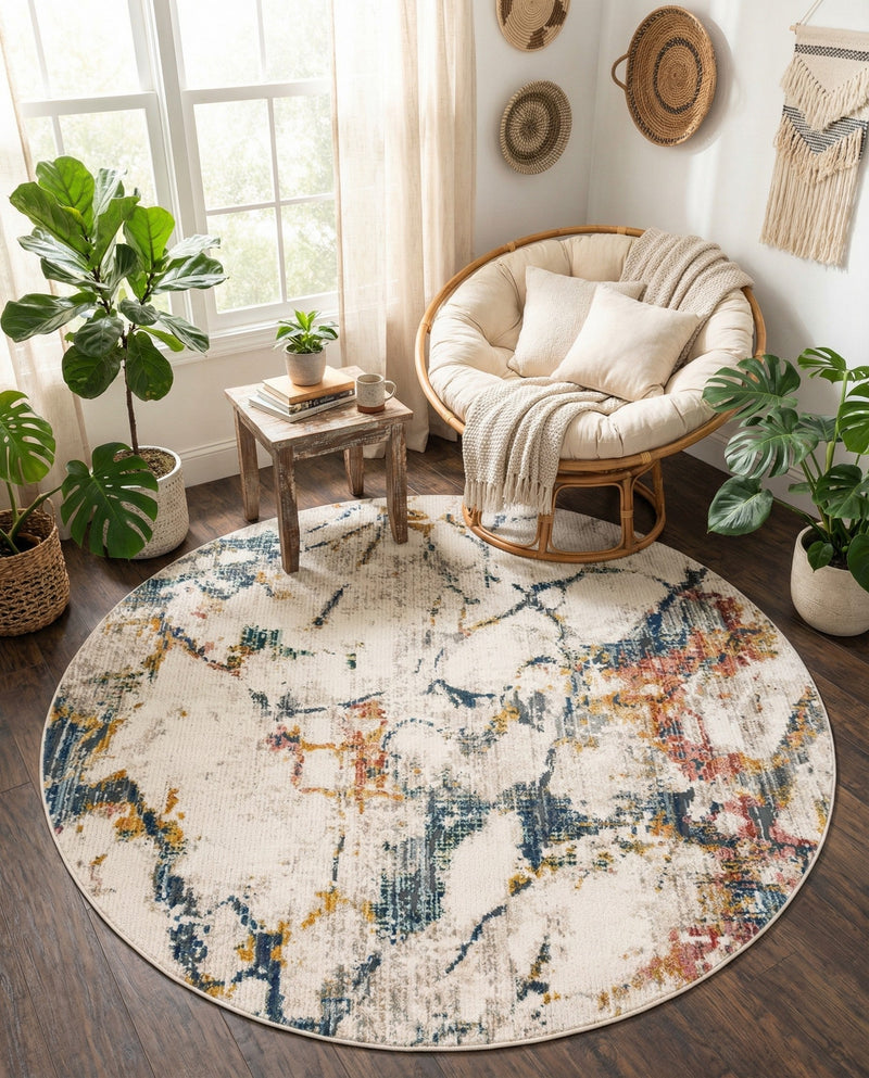 Jewel Oasis Collection Area Rug -  Opaline Round White Navy  lifestyle 74