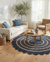 Woven Seaside Jute Collection Area Rug - Coastalhaven (Navy Blue and White) Round Navy Blue and White  lifestyle 24