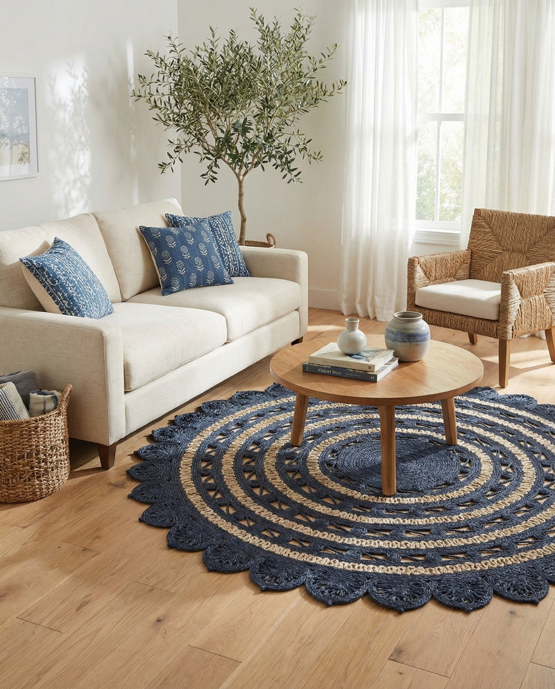 Woven Seaside Jute Collection Area Rug - Coastalhaven (Navy Blue and White) Round Navy Blue and White  lifestyle 24