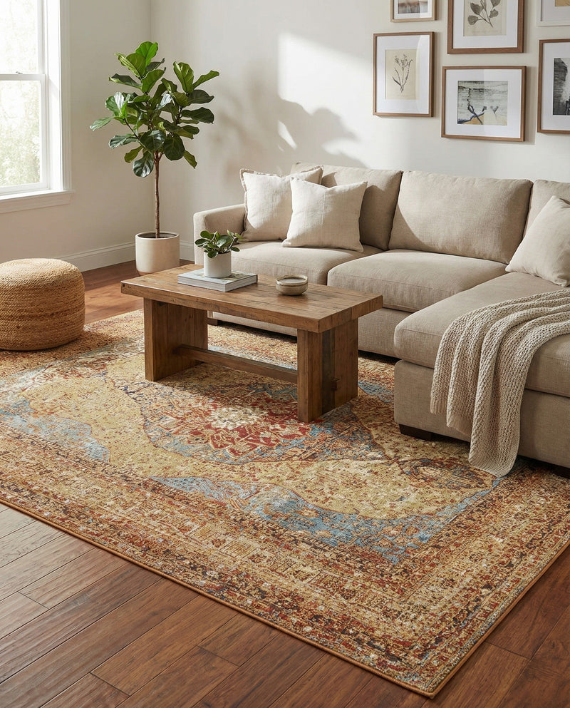 Patio Heritage Collection Area Rug -  Pergola Rectangle Blue and Light Brown  lifestyle 24