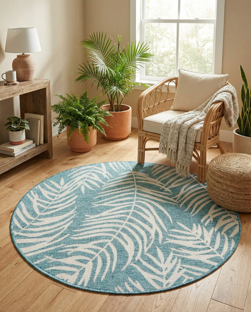 Seaside Blooms Collection Area Rug - Verdure (Light Aqua) Round Light Aqua  lifestyle 18