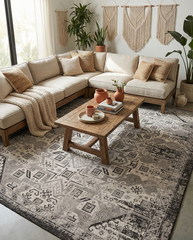 Tribal Terrace Treasures Collection Area Rug - Mayan Marina (Charcoal Gray) Rectangle Charcoal Gray  lifestyle 34