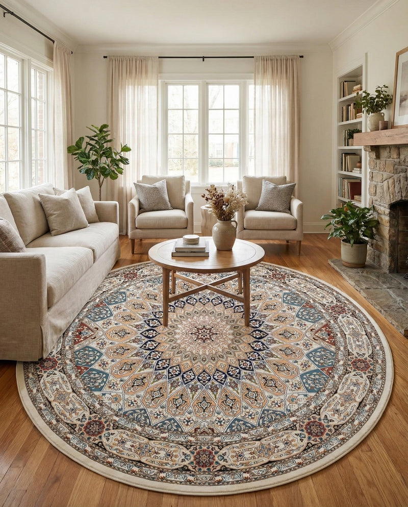 Persian Elegance Collection Area Rug -  Hamedan (Ivory) Round Ivory  lifestyle 31