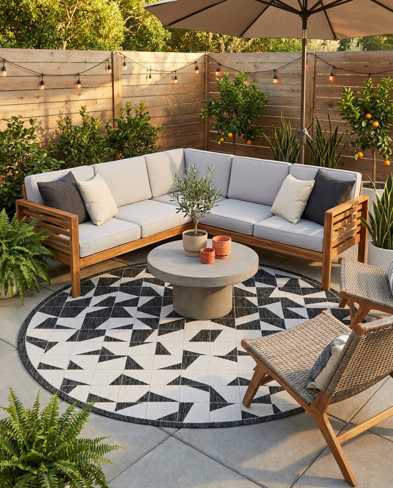 Urban Terrace Collection Area Rug -  Mercer Round Black and White  lifestyle 33