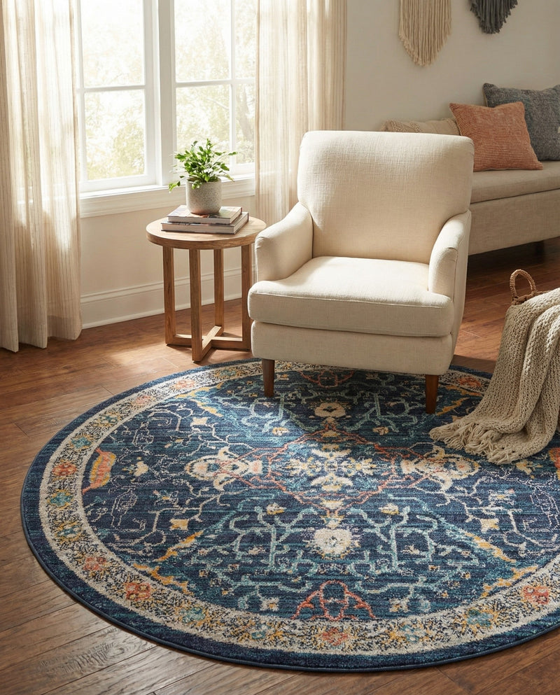 Seville Stripes Collection Area Rug -  Malaga (Navy Blue) Round Navy Blue  lifestyle 78