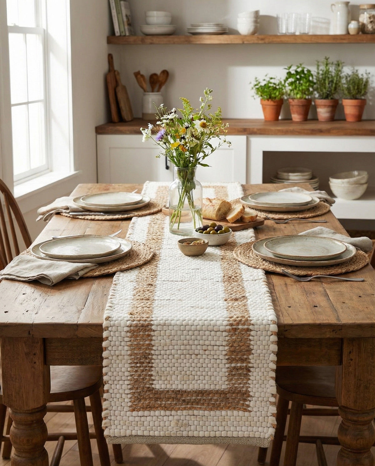 Osian Looms Collection Area Rug - Durham Table Runner White and Natural  lifestyle 183