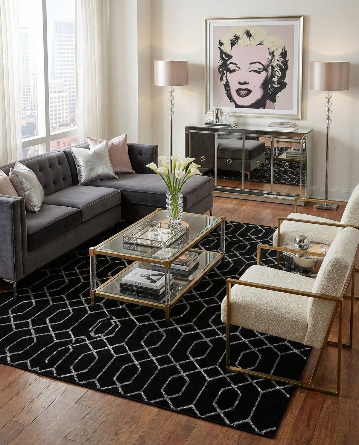 Hollywood Luxe Collection Area Rug - Sunset Rectangle Black and Silver  lifestyle 73