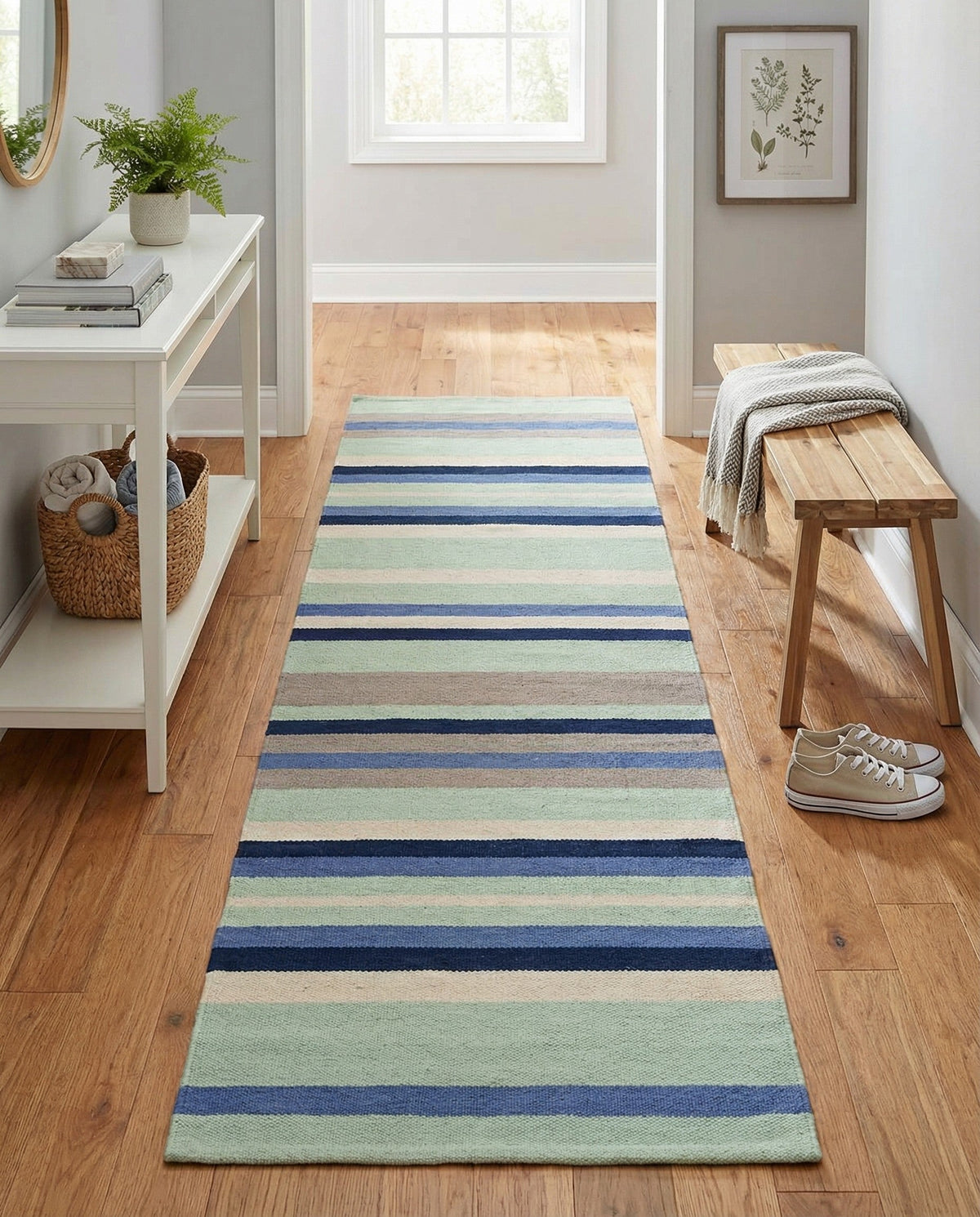 Coastal Stripe Dhurrie Collection Area Rug - Seashore Runner Aqua Blue and Gray  lifestyle 103