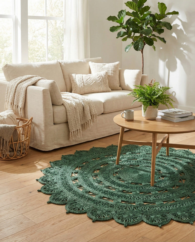 Woven Seaside Jute Collection Area Rug - Coastalhaven (Hunter Green) Round Hunter Green  lifestyle 28