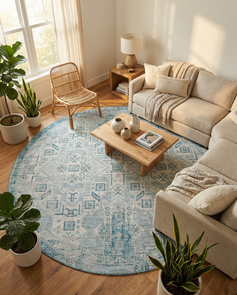Tribal Terrace Treasures Collection Area Rug - Mayan Marina (Teal) Round Teal  lifestyle 85