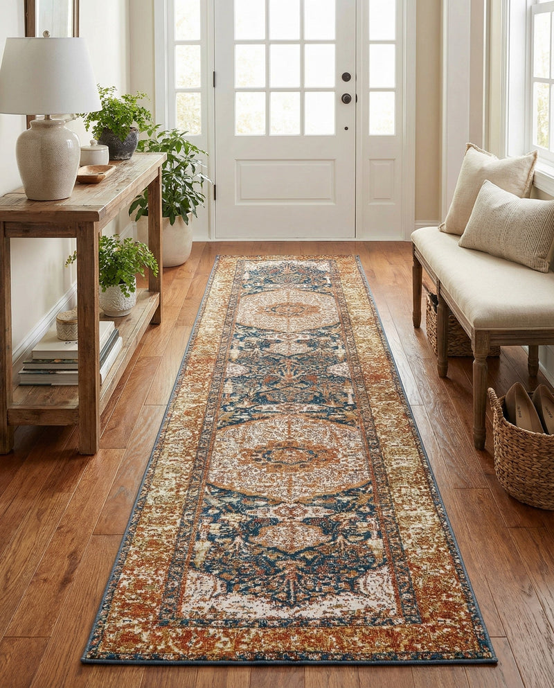 Patio Heritage Collection Area Rug -  Courtyard Runner Navy Blue and Light Pink  lifestyle 60