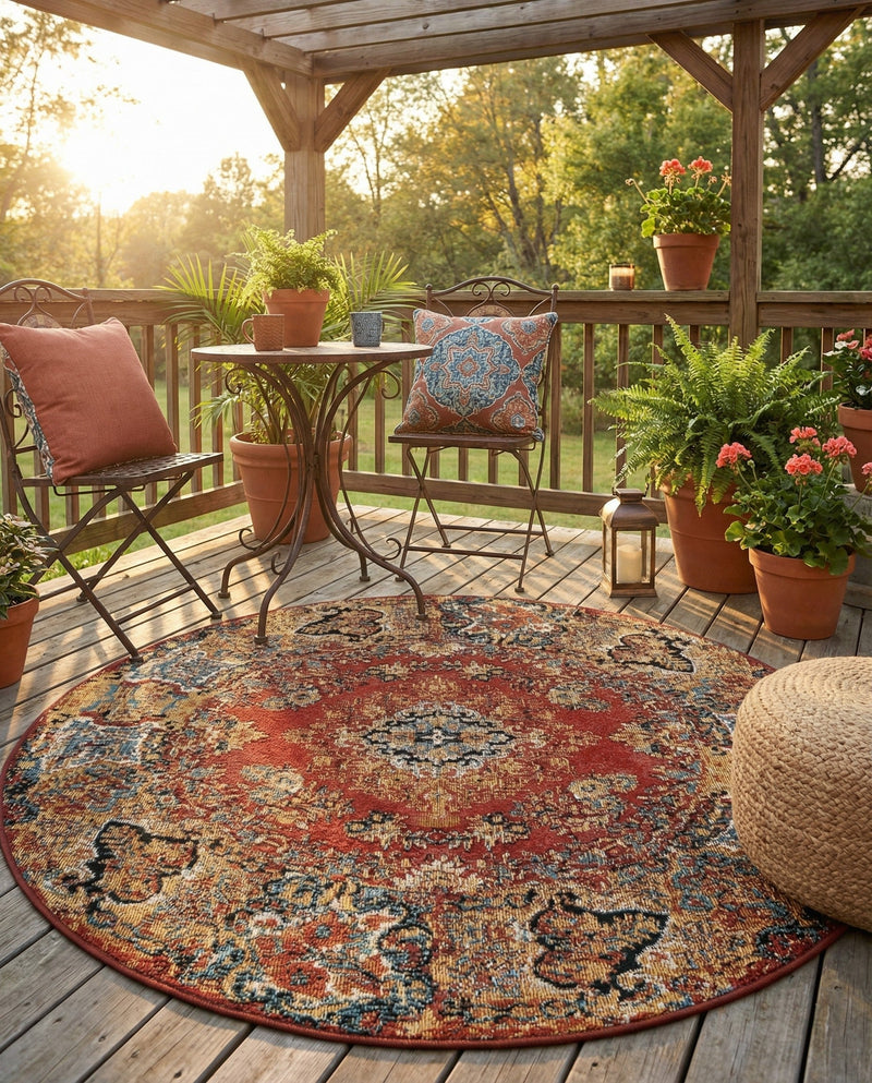 Patio Heritage Collection Area Rug -  Terrace Round Antique Red  lifestyle 76