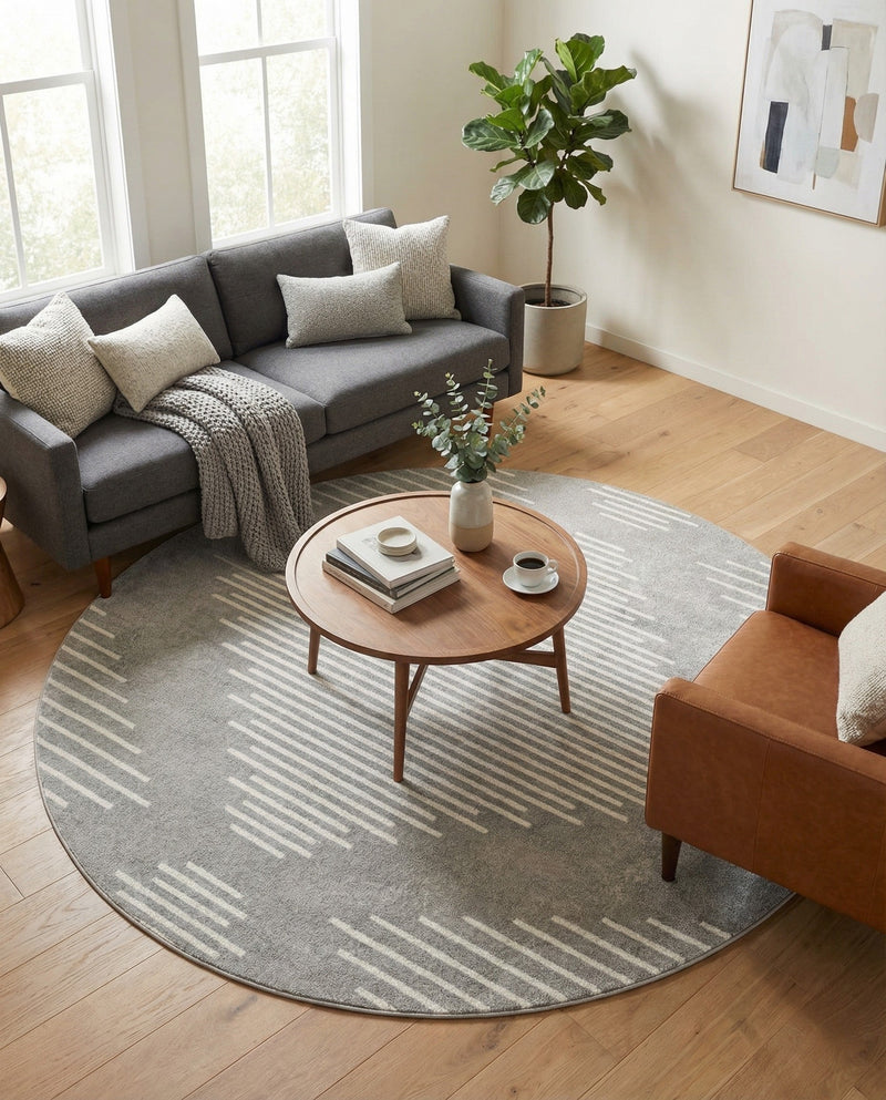 Seychelles Stripes Collection Area Rug - Mahe (Gray and Ivory) Round Gray and Ivory  lifestyle 46