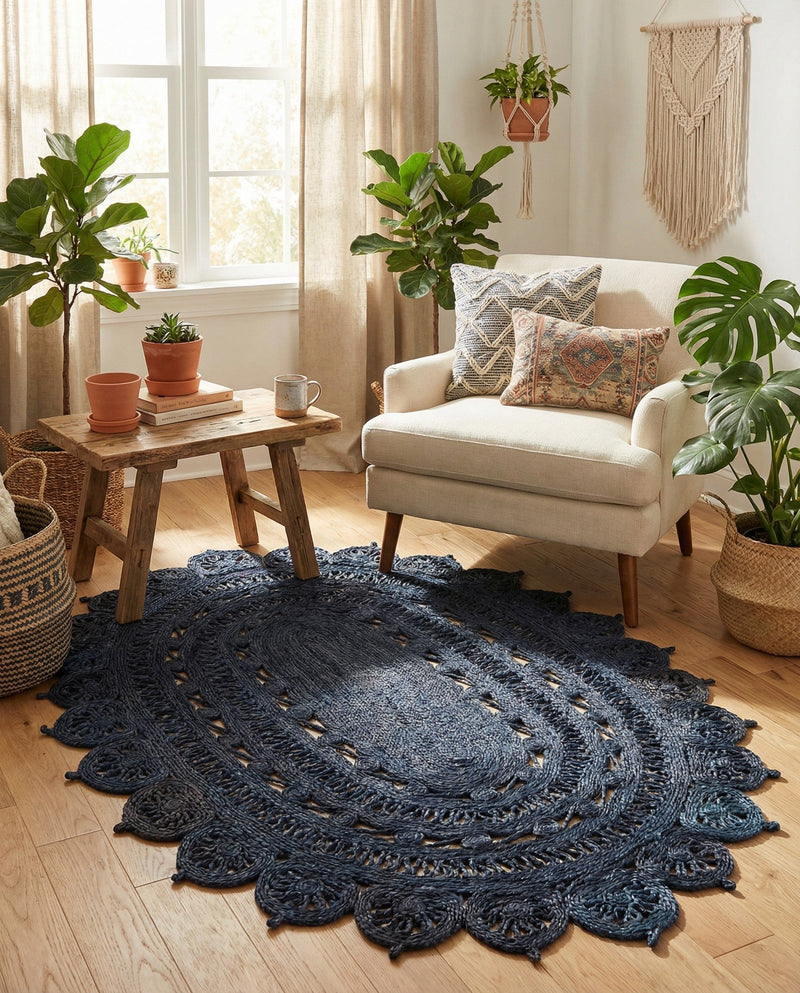 Woven Seaside Jute Collection Area Rug - Coastalhaven (Navy Blue) Oval Navy Blue  lifestyle 10