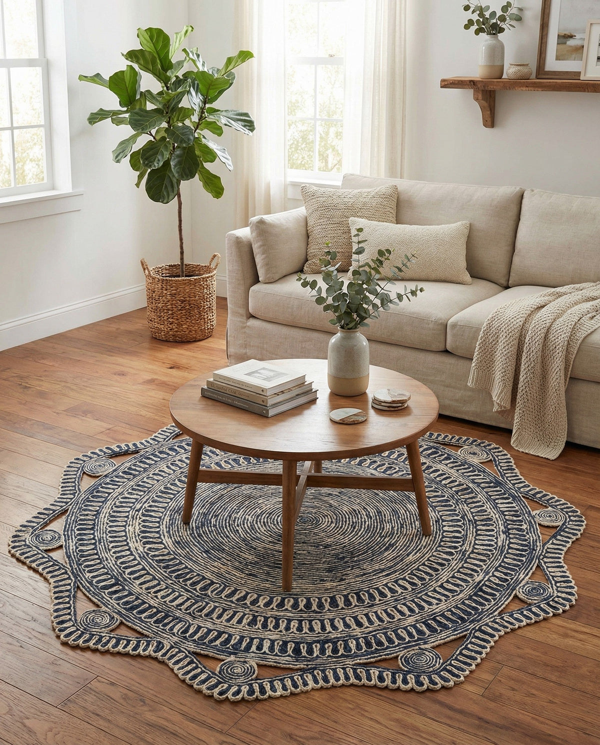 Woven Seaside Jute Collection Area Rug - Nantucket Round Navy and White  lifestyle 98