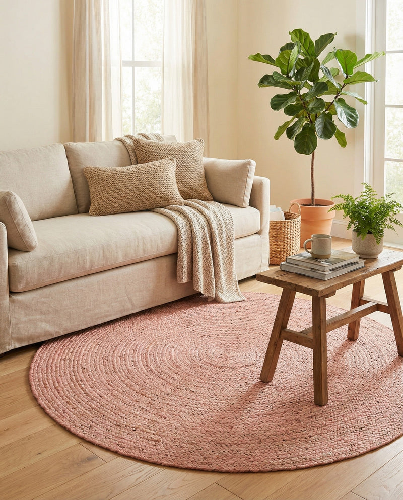 Woven Seaside Jute Collection Area Rug - Savannah (Light Pink) Round Light Pink  lifestyle 56