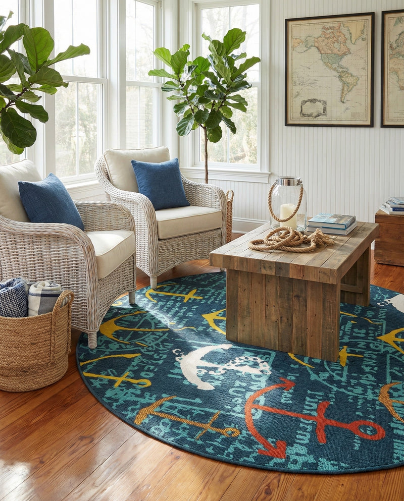 Seaside Haven Rugs Collection Area Rug -  Lighthouse Round Navy Blue  lifestyle 75