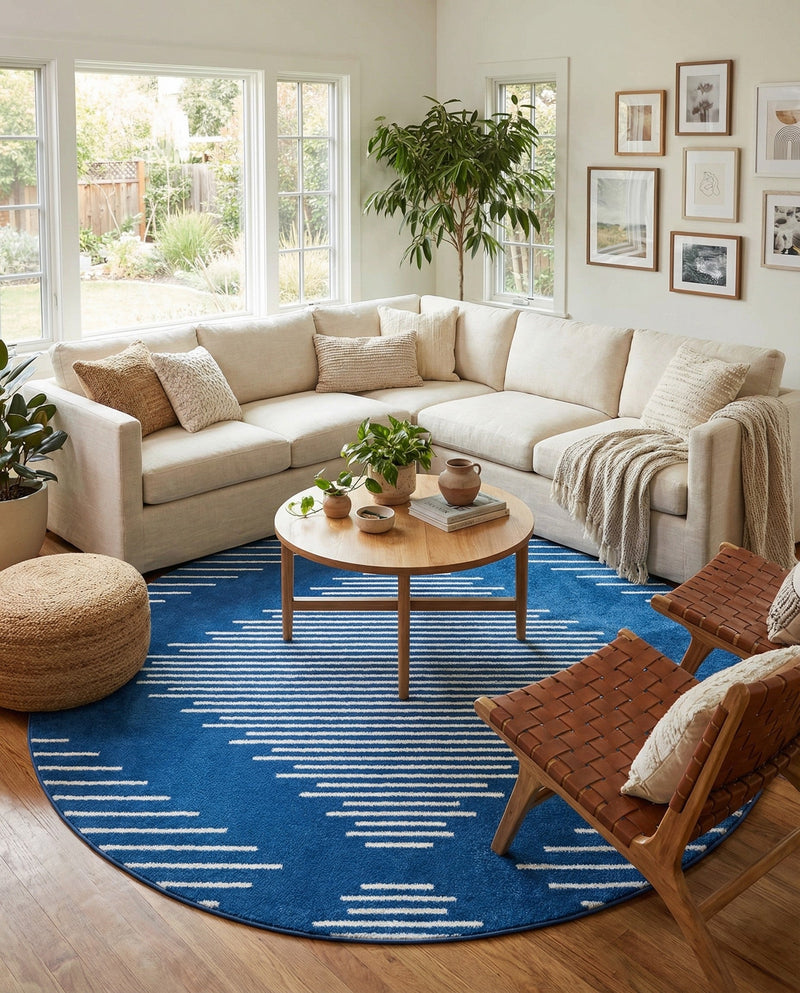 Seychelles Stripes Collection Area Rug - Mahe (Navy Blue) Round Navy Blue  lifestyle 17