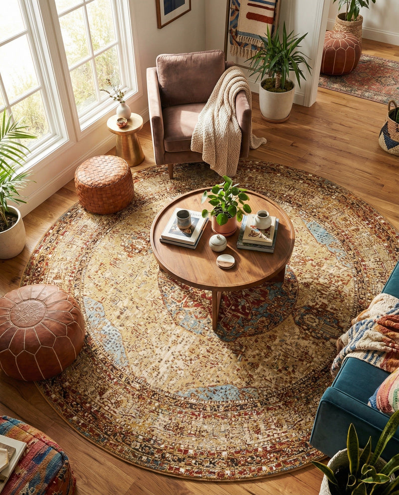 Patio Heritage Collection Area Rug -  Pergola Round Blue and Light Brown  lifestyle 61