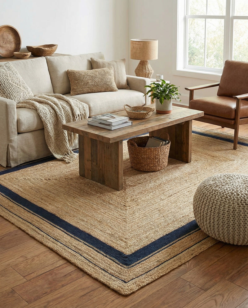 Woven Seaside Jute Collection Area Rug - Nantucket Rectangle Natural and Navy Blue  lifestyle 27