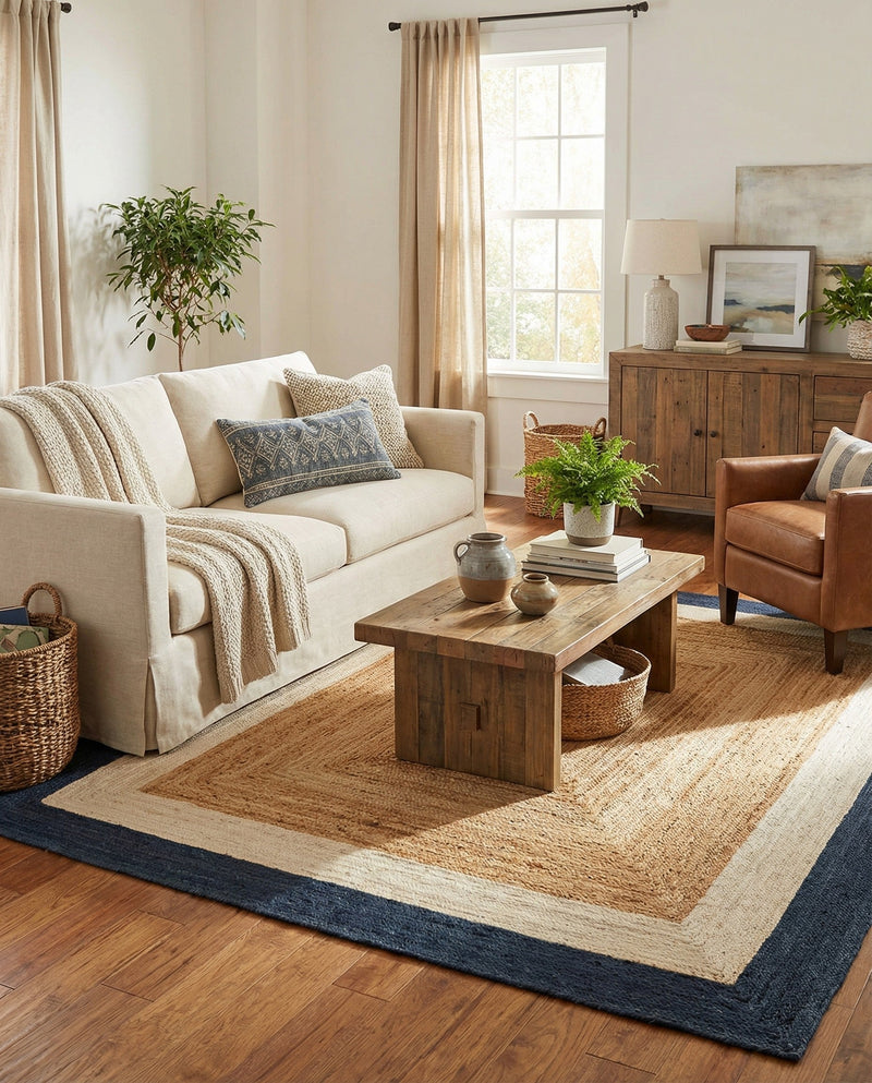 Woven Seaside Jute Collection Area Rug - Nantucket Rectangle Navy Blue White Natural  lifestyle 40