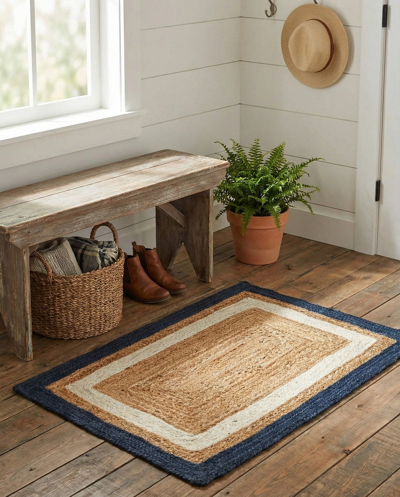 Woven Seaside Jute Collection Area Rug - Nantucket Rectangle Navy Blue White Natural  lifestyle 32