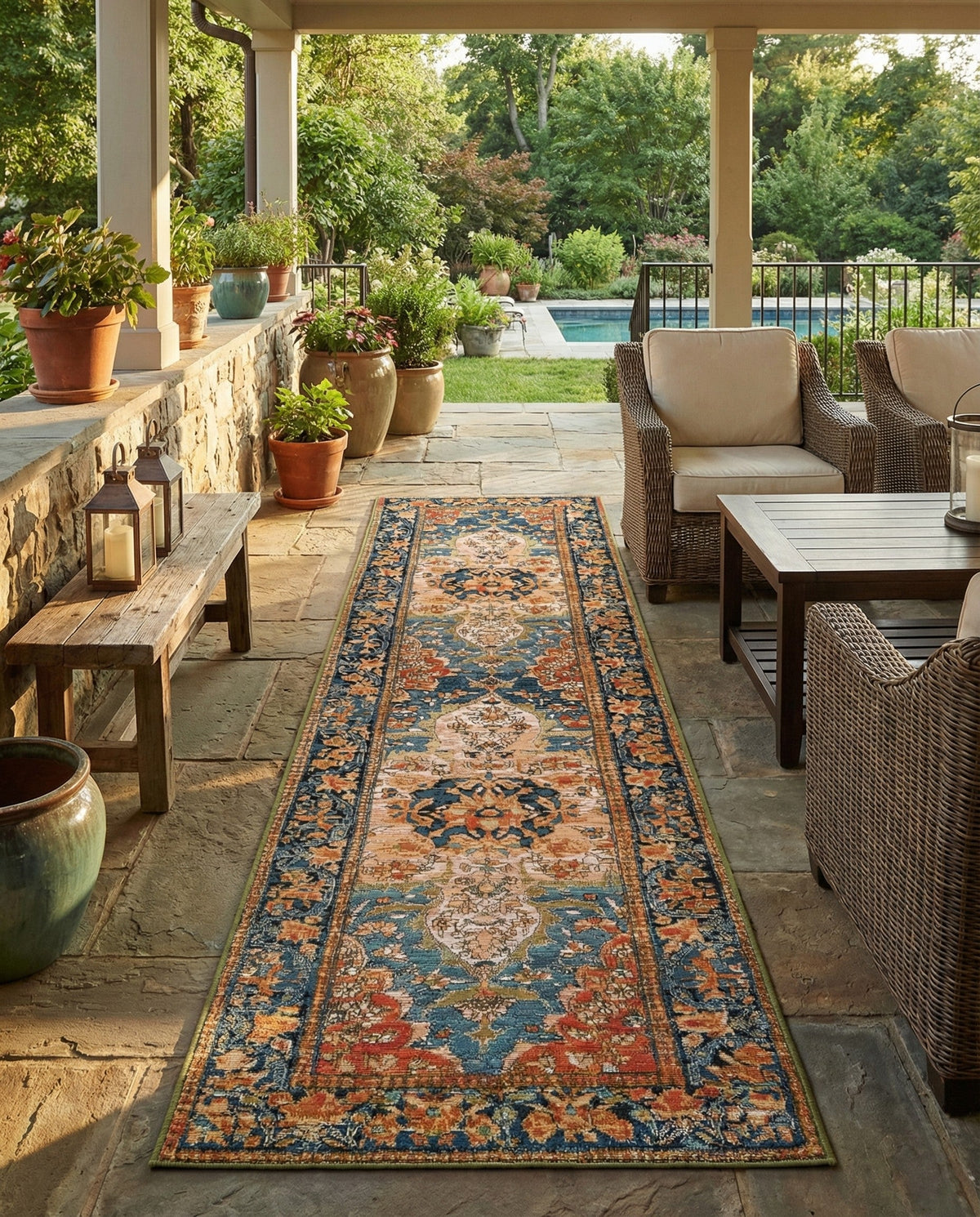 Patio Heritage Collection Area Rug -  Grove Runner Navy Blue and Rust Red  lifestyle 88