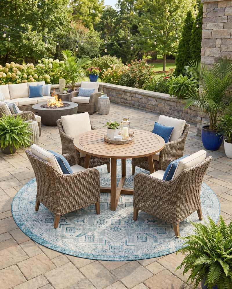 Tribal Terrace Treasures Collection Area Rug - Mayan Marina (Teal) Round Teal  lifestyle 86