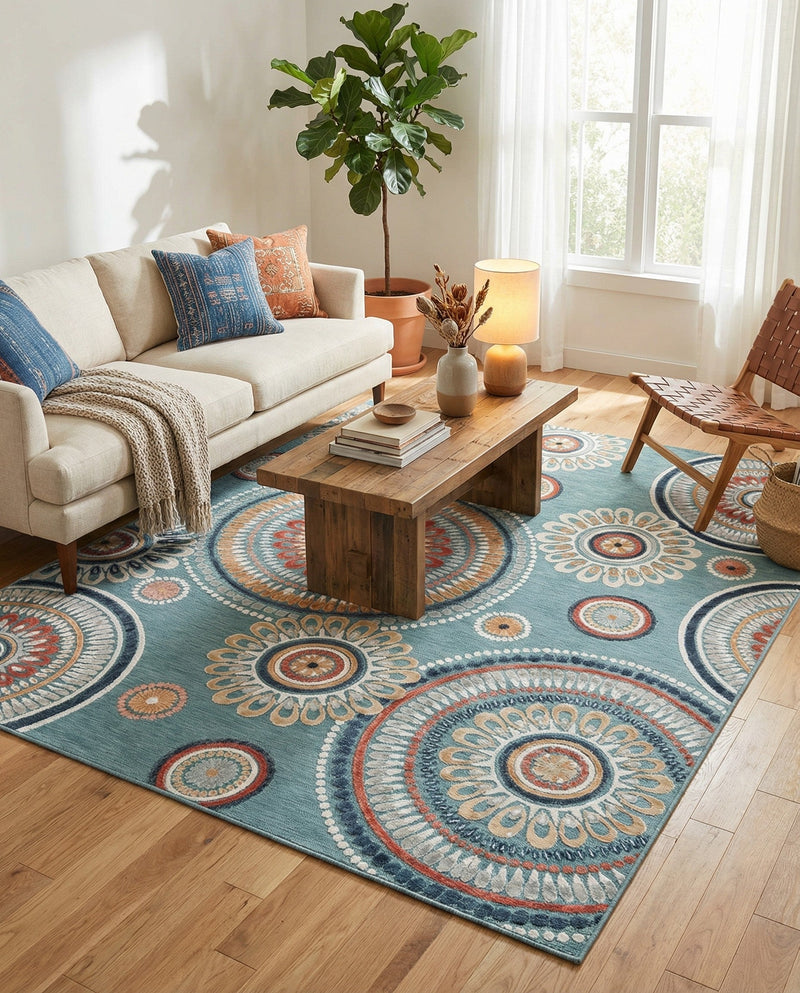 Seaside Blooms Collection Area Rug -  Eden Rectangle Light Blue  lifestyle 48