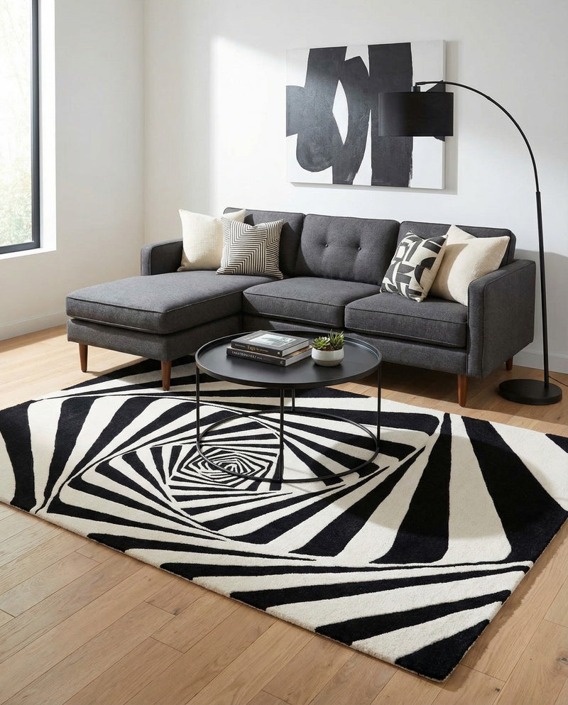 Cyclone Wool Collection Area Rug -  Twister Rectangle Black and White  lifestyle 6
