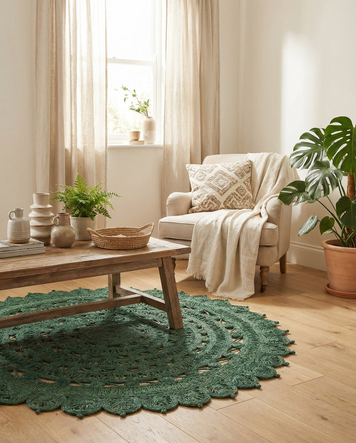 Woven Seaside Jute Collection Area Rug - Coastalhaven (Hunter Green) Round Hunter Green  lifestyle 10