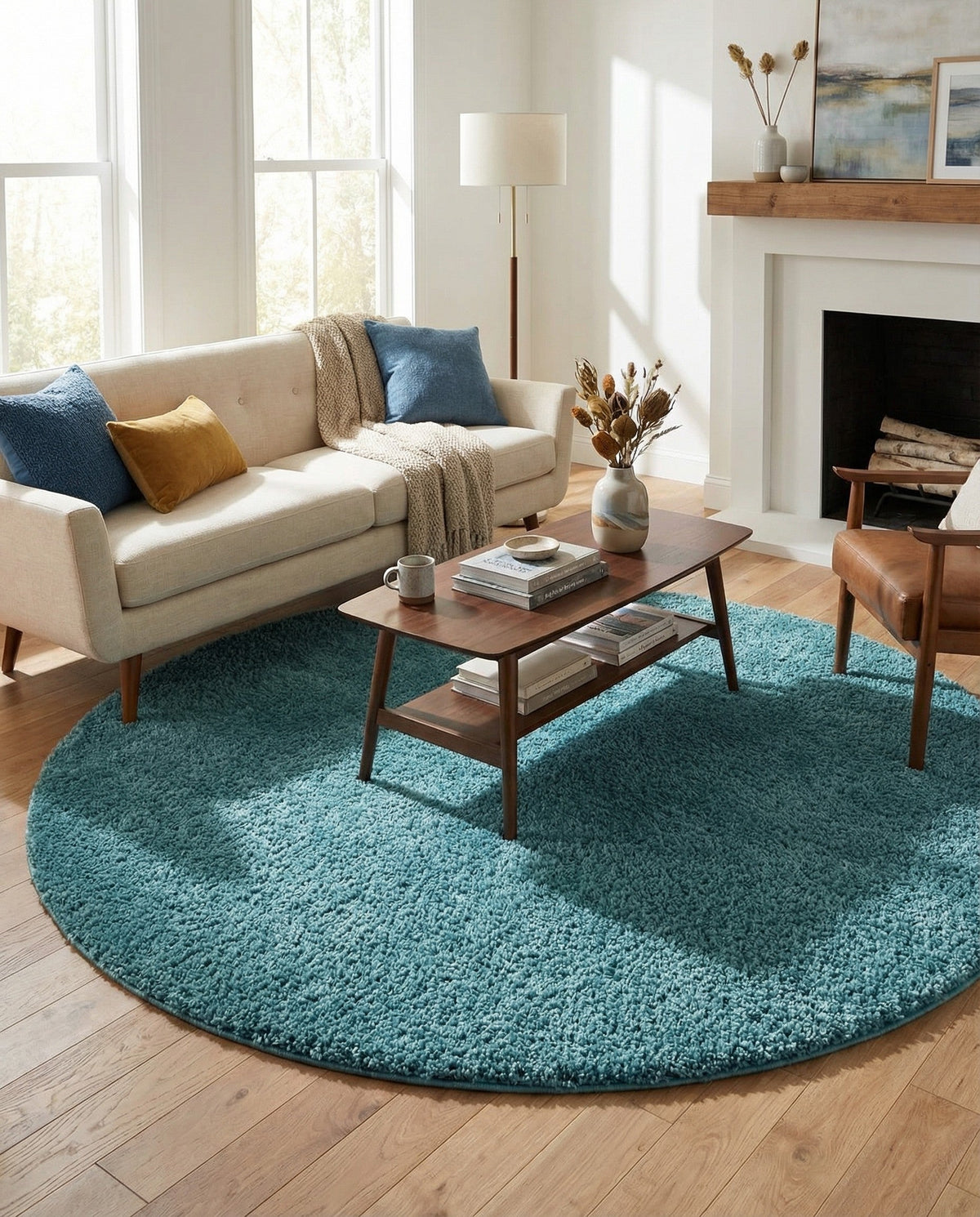 Cozy Comfort Shag Collection Area Rug - Haven (Turquoise) Round Turquoise  lifestyle 39