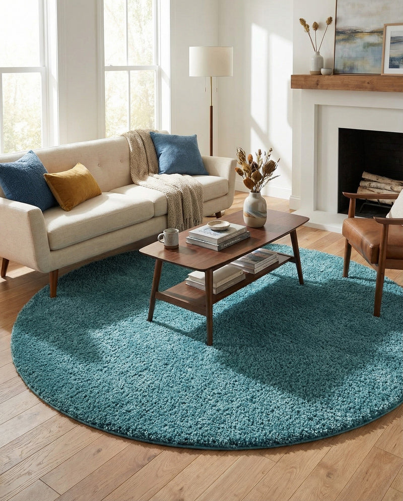 Cozy Comfort Shag Collection Area Rug - Haven (Turquoise) Round Turquoise  lifestyle 39